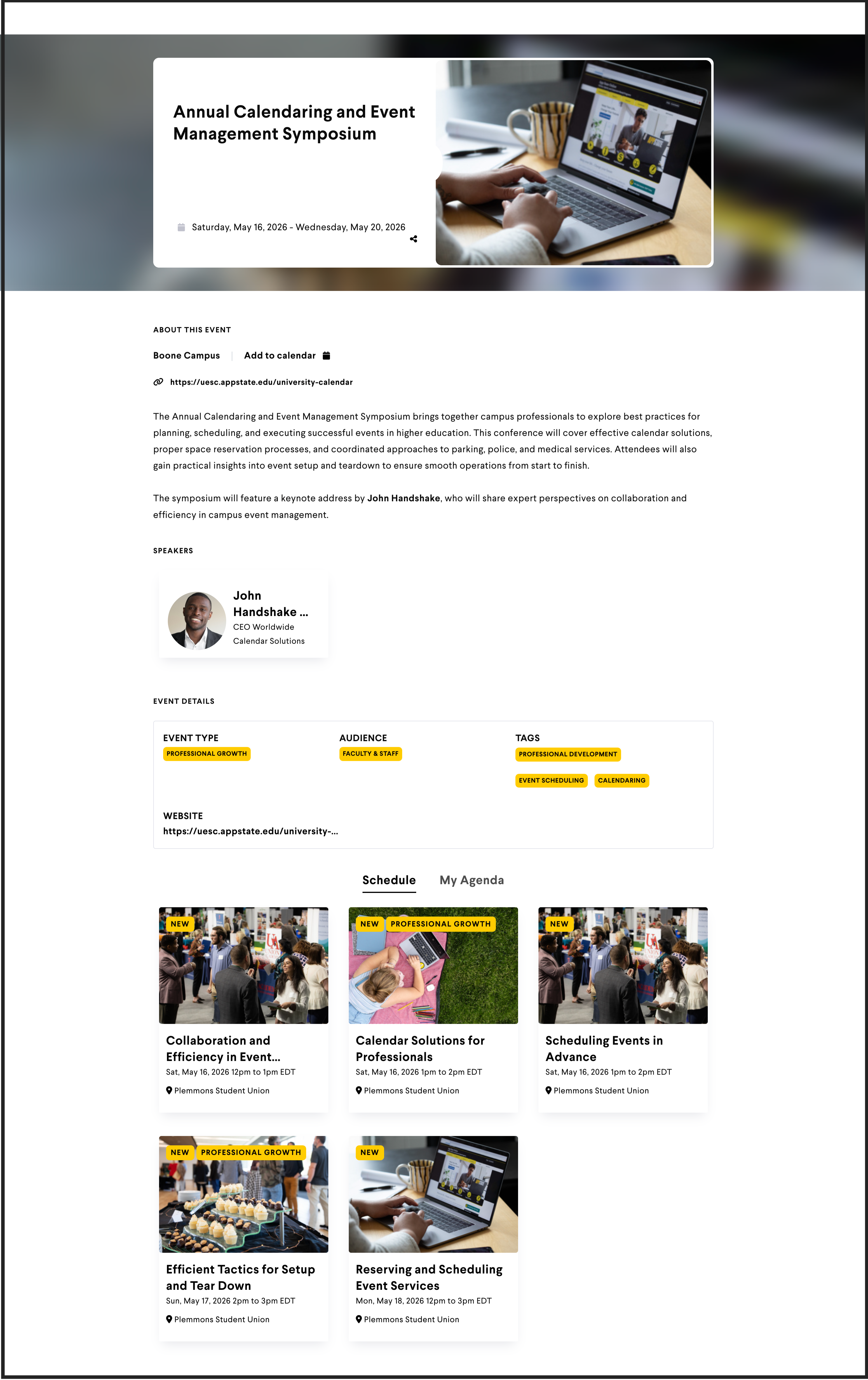 Screenshot of conference using Localist software. The conference has a large image at the top, a text description, a clickable element (box) with the photo and name of the speaker, and then image and text tiles that list out the sessions.