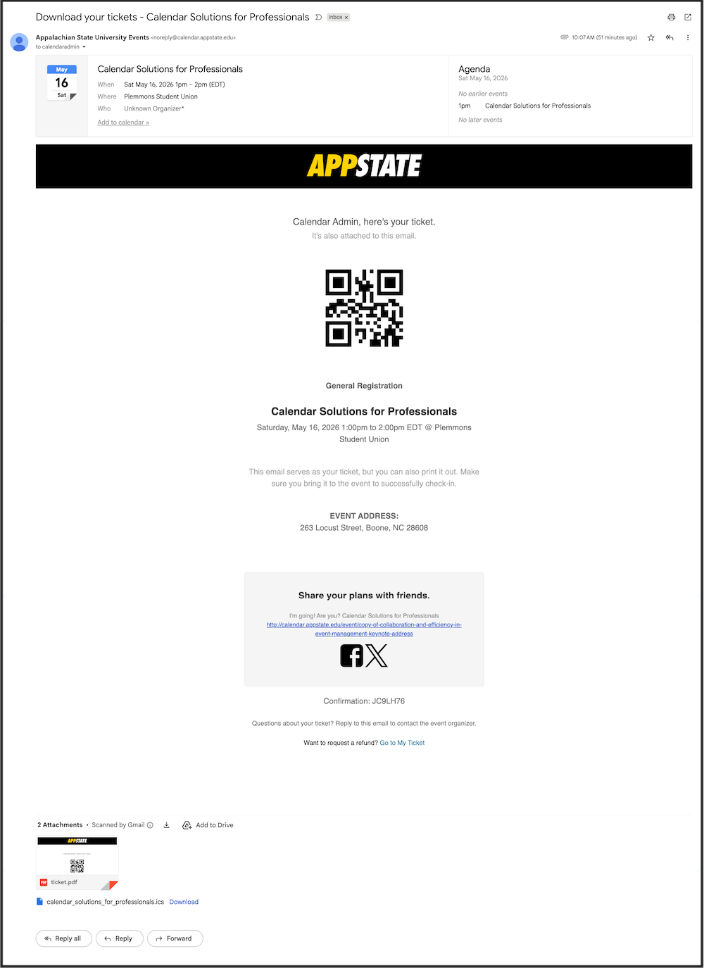 Screenshot of the registration confirmation email. It shows the event information, an add to calendar option, and a QR code for check in.
