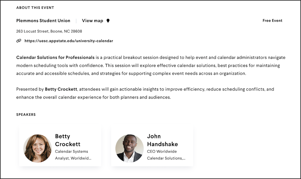 Screenshot of a Localist event landing page showing the event details and the speaker cards. Speaker cards are a box with the speakers photo and name inside.