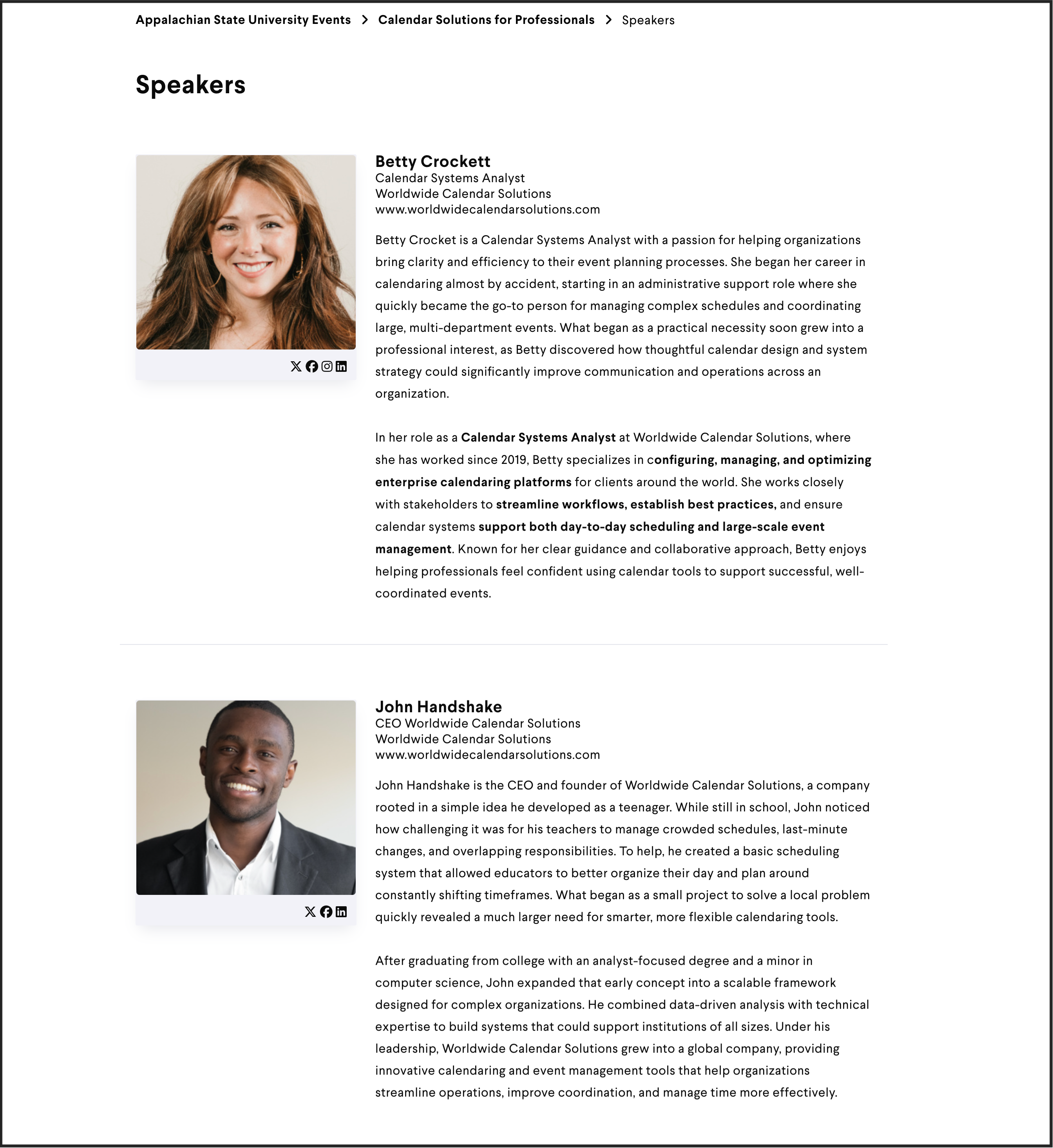 Screenshot of a Localist event's Speakers page showing two speakers. Each speaker has a photograph, name, title, and biography.