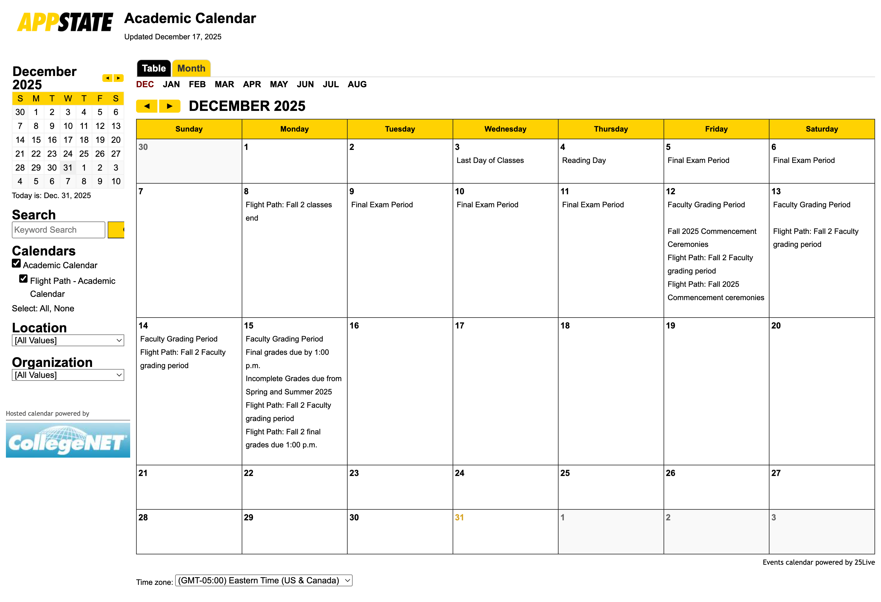 Screenshot of the publisher Academic Calendar using month view.