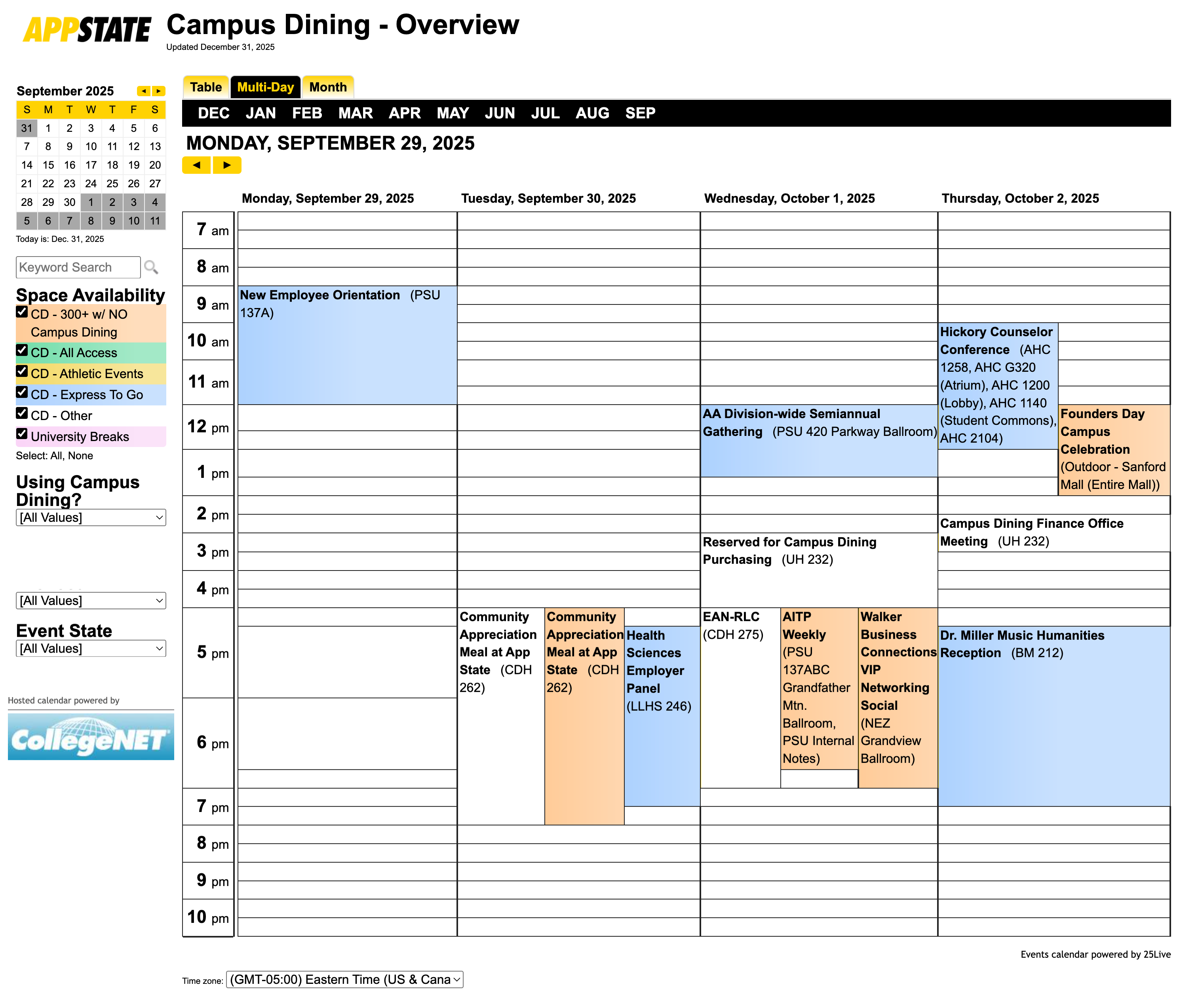 Screenshot of the campus dining internal publisher calendar showing the multi-day view.