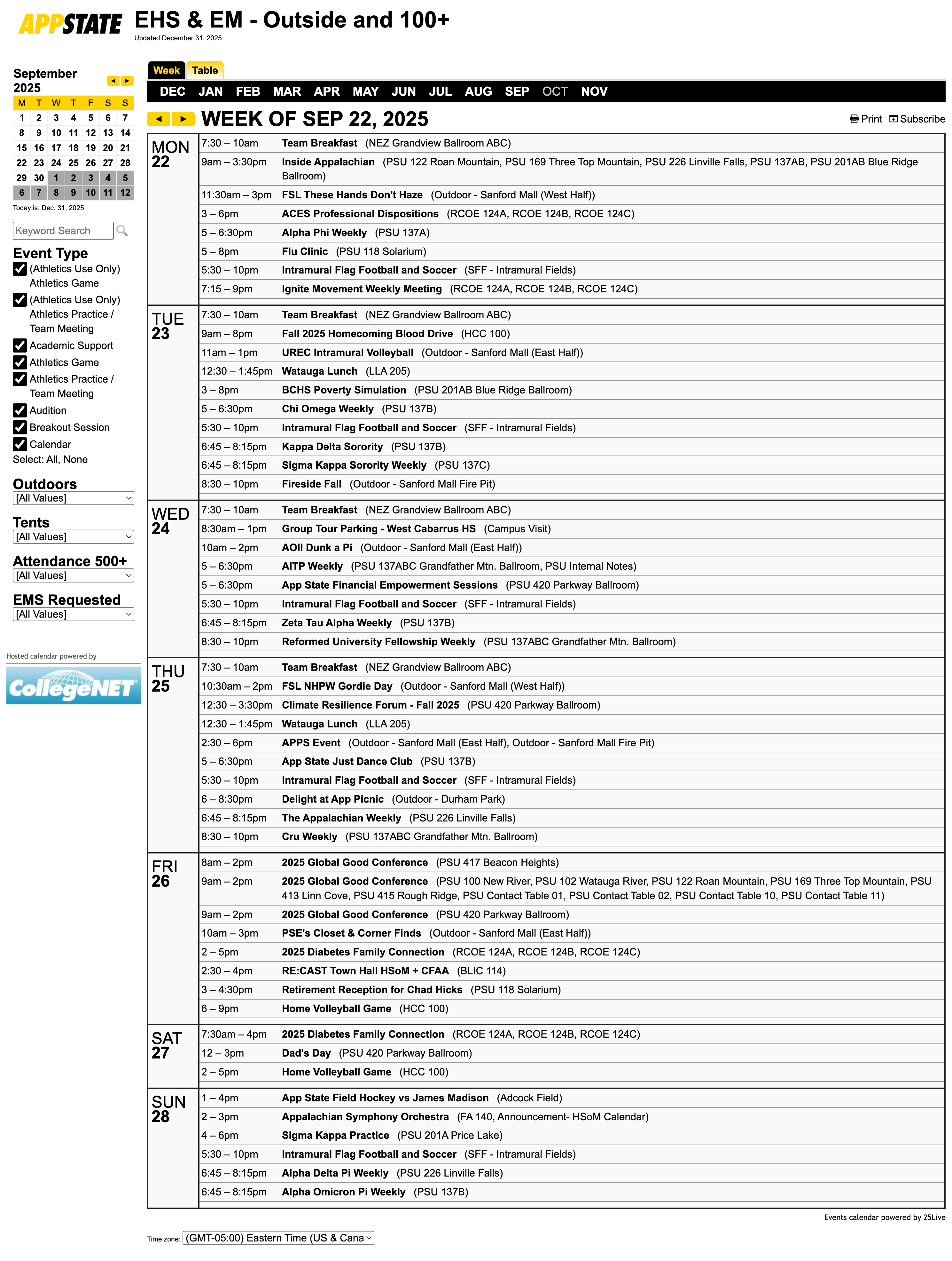 Screenshot of the EHS and EM internal publisher calendar showing the week view.