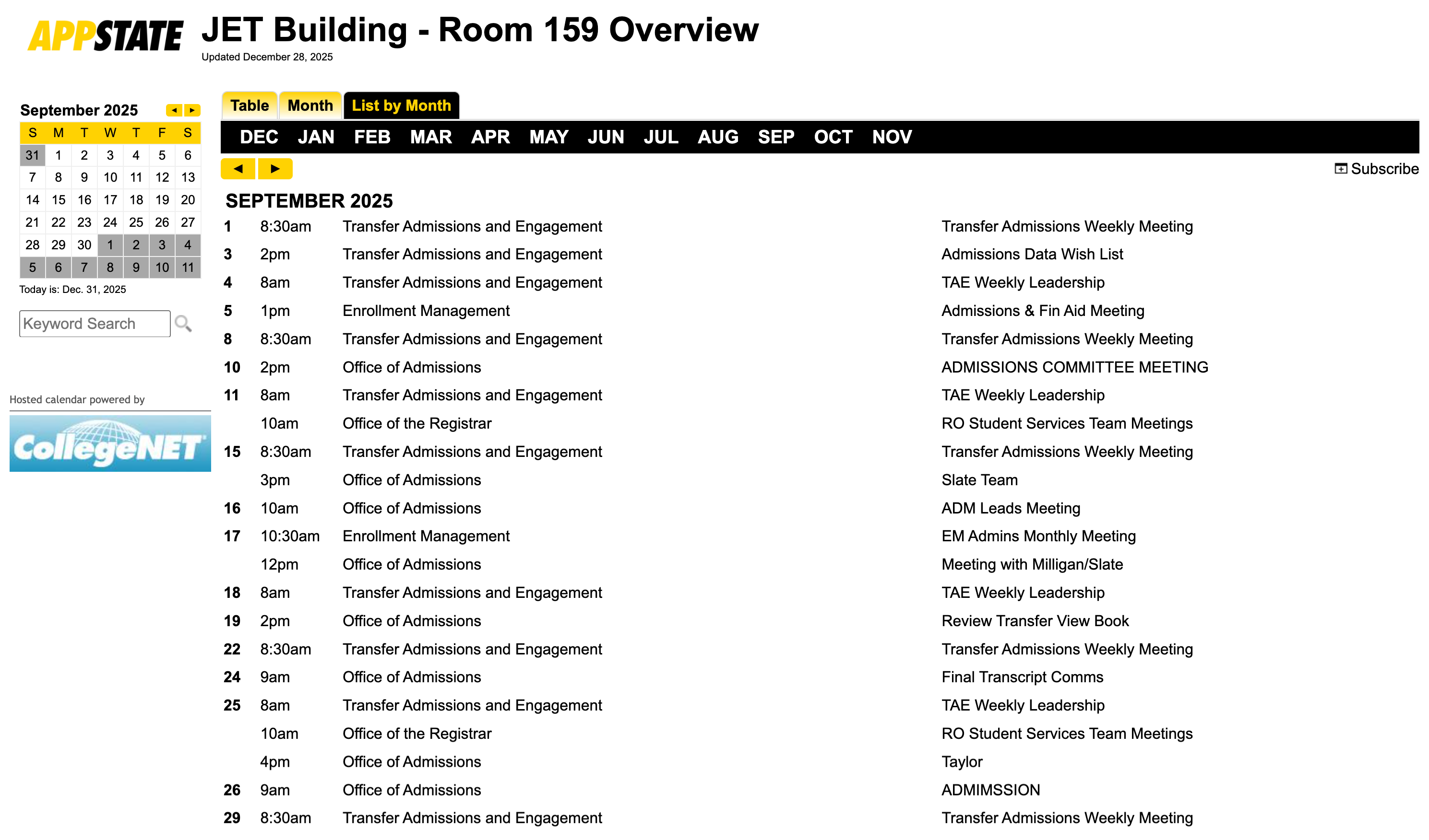 Screenshot of an internal JET calendar showing the list by month view.