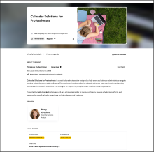 Screenshot of conference breakout session using Localist software. The session has a large image at the top, a text description, and a clickable element (box) with the photo and name of the speaker.