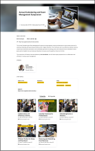 Screenshot of conference using Localist software. The conference has a large image at the top, a text description, a clickable element (box) with the photo and name of the speaker, and then image and text tiles that list out the sessions.