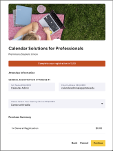 Screenshot of a registration pop up in the Localist calendar software. There is an image at the top and then boxes filled in with information about the purchaser.