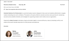 Screenshot of a Localist event landing page showing the event details and the speaker cards. Speaker cards are a box with the speakers photo and name inside.