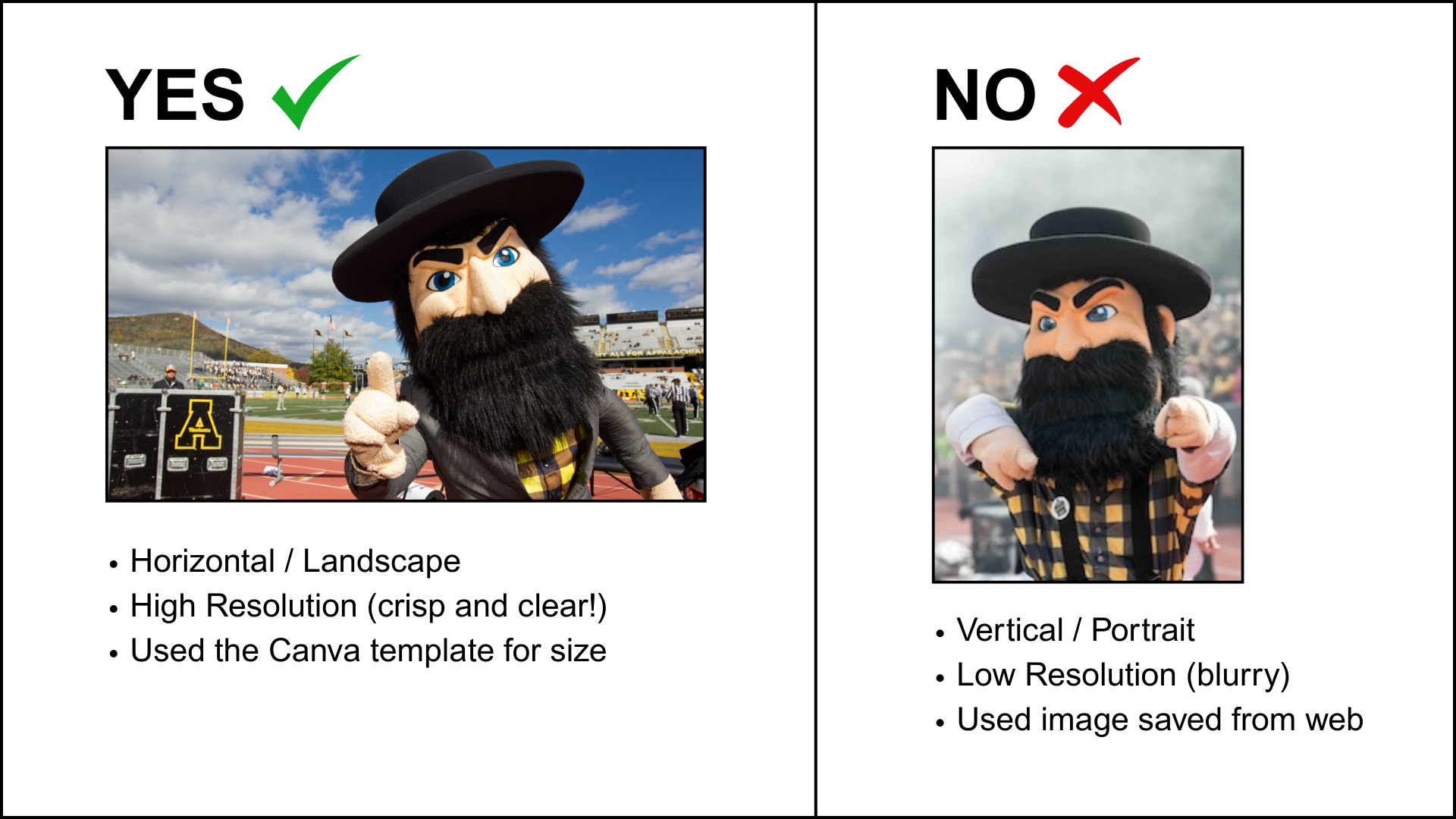 This image shows two examples for events; one correct and one incorrect. The correct image is a horizontal/landscape image that used the Canva template for sizing. It also has a higher resolution, so it has clean and crisp features. The incorrect image is vertical/portrait and has a lower resolution, so it is just slightly blurry. It mentions that the incorrect image was pulled from the web.