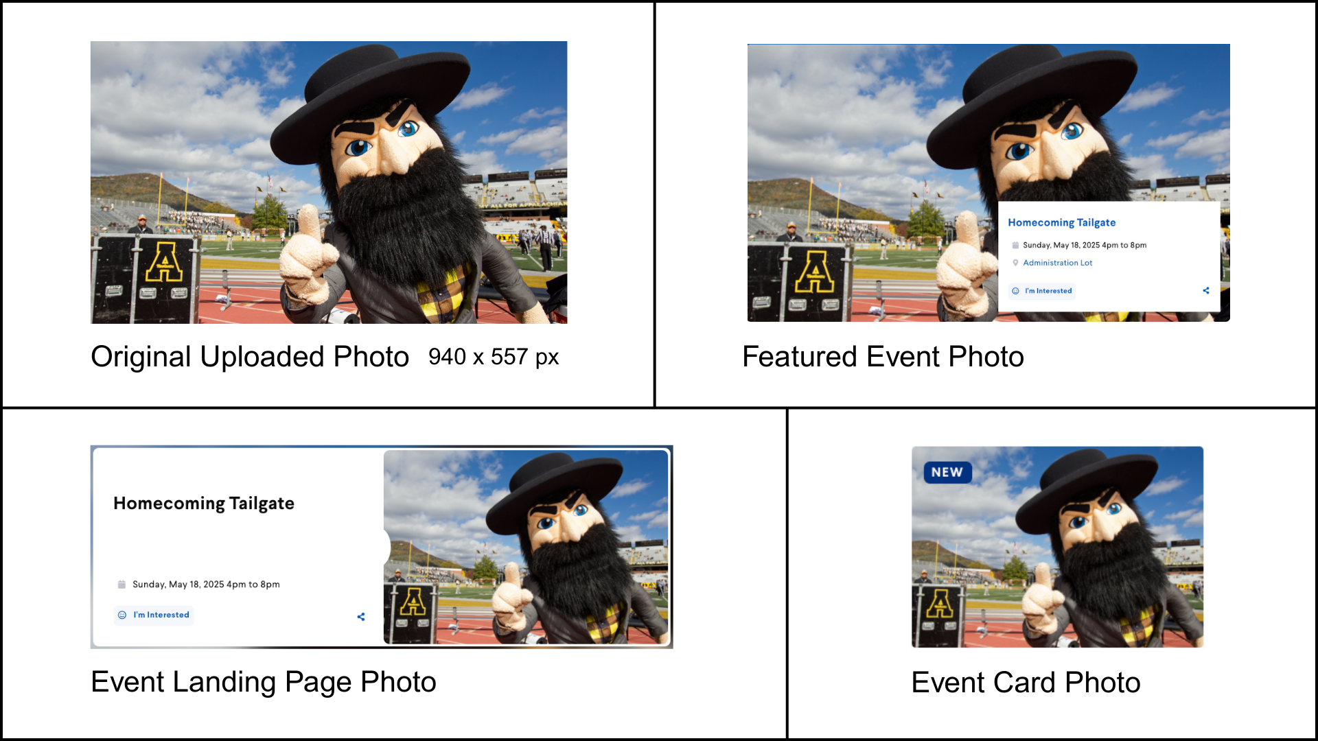 There are four images featured showing how the original image will be automatically cropped/resized to fit on different areas of the calendar.