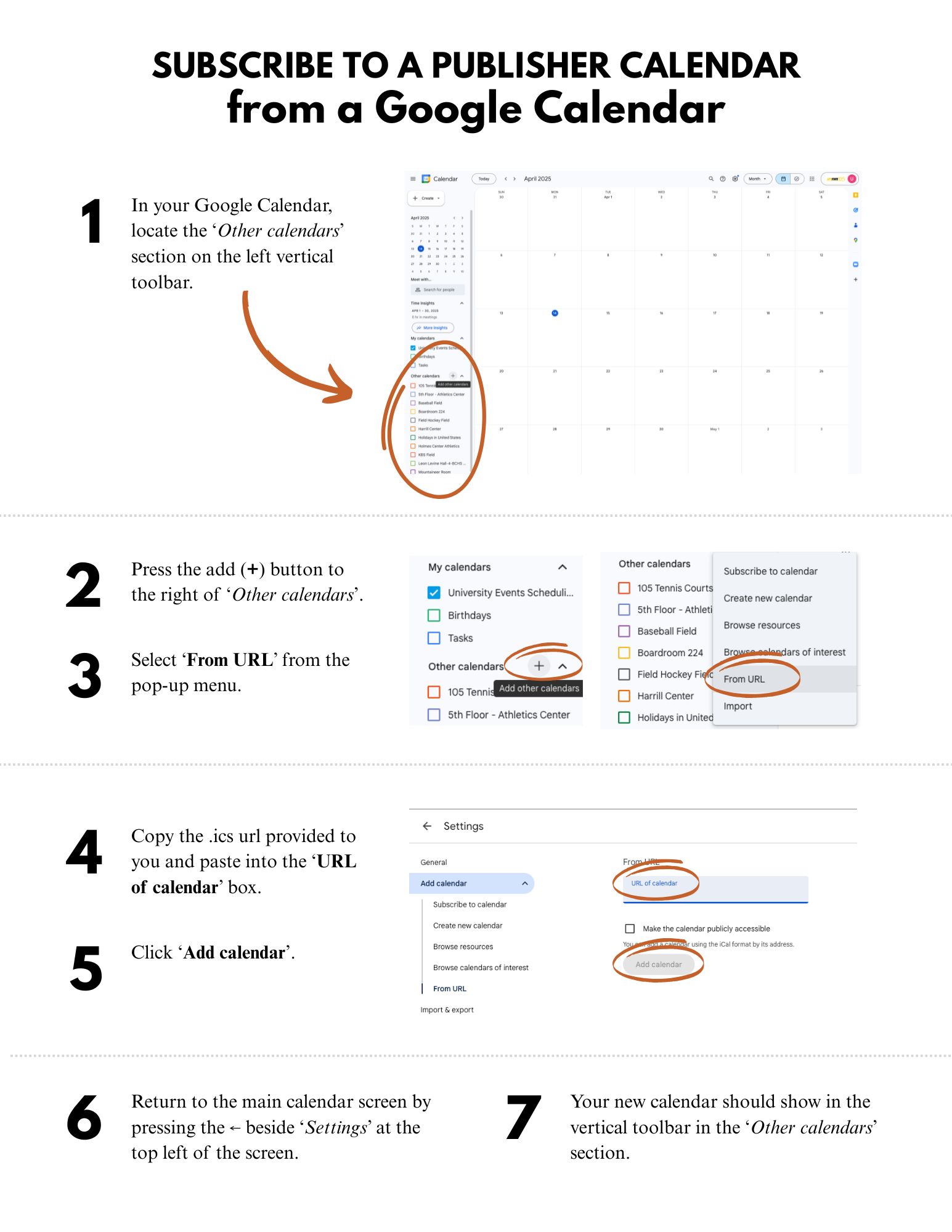 Instructions with images for adding a calendar to Google Calendar.