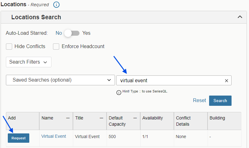 Virtual event location search